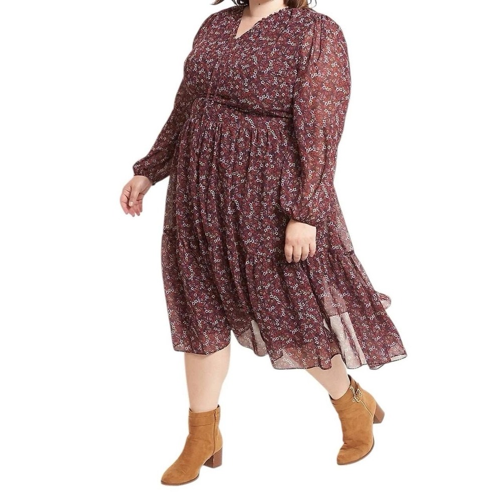 Lane Bryant Burgundy Floral Chiffon Tiered Midi Dress Plus Size 22/24